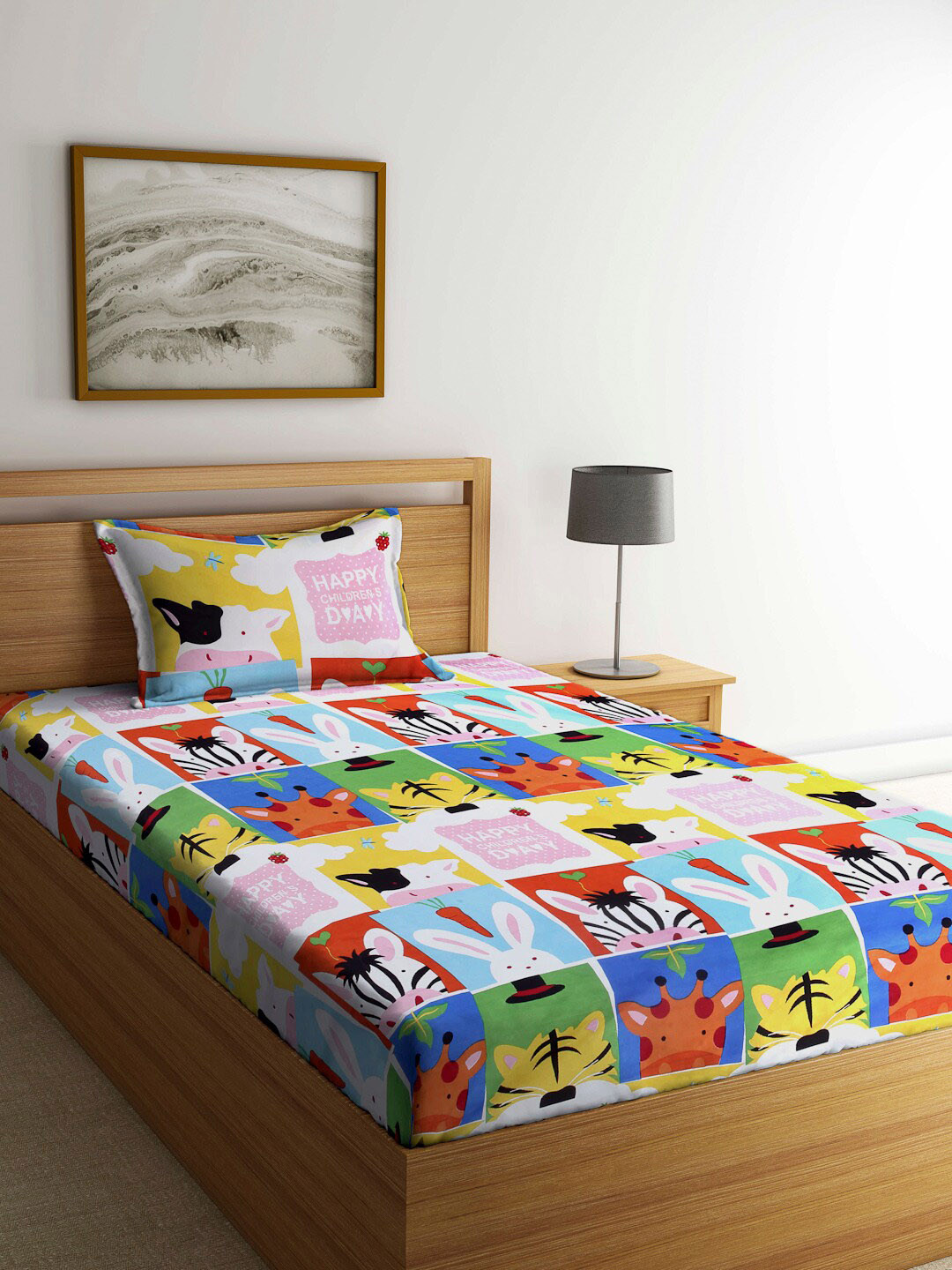 

Arrabi Multicoloured Cartoon Characters 130 TC Single Bedsheet with 1 Pillow Covers, Multi