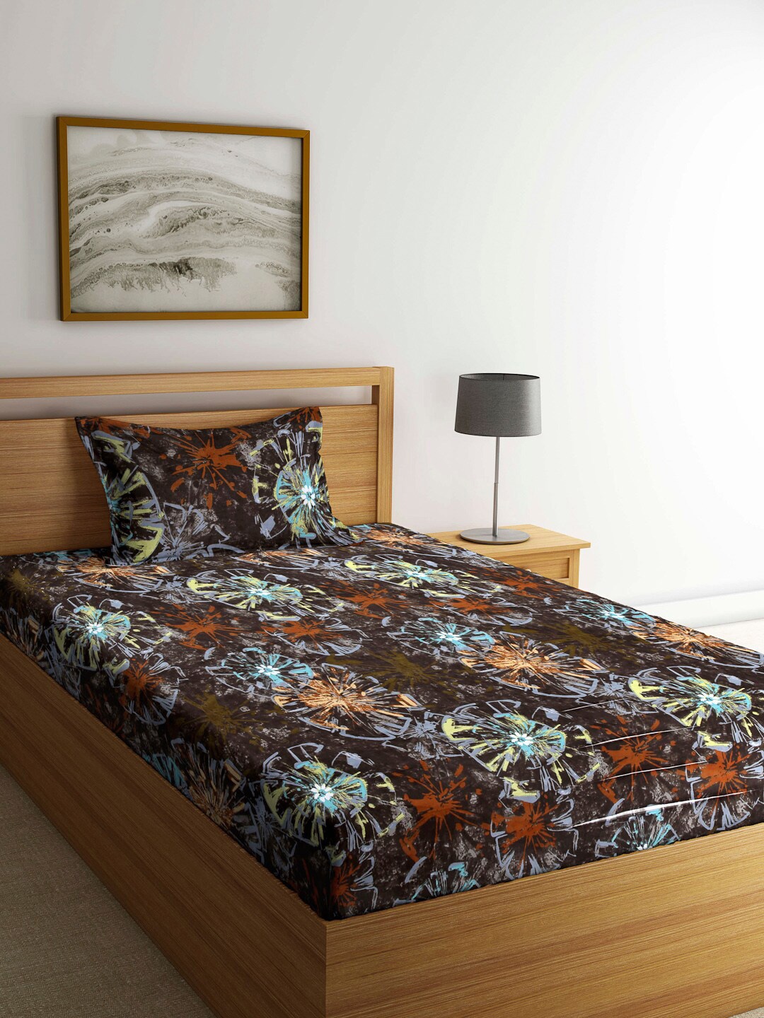 

Arrabi Brown & Yellow Graphic 130 TC Single Bedsheet with 1 Pillow Covers