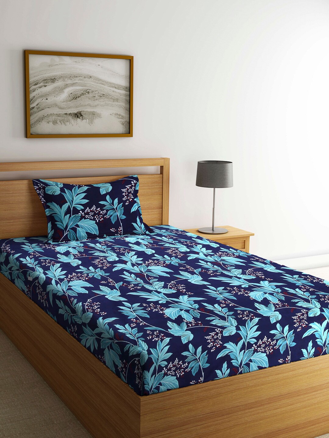 

Arrabi Blue Floral 130 TC Single Bedsheet with 1 Pillow Covers