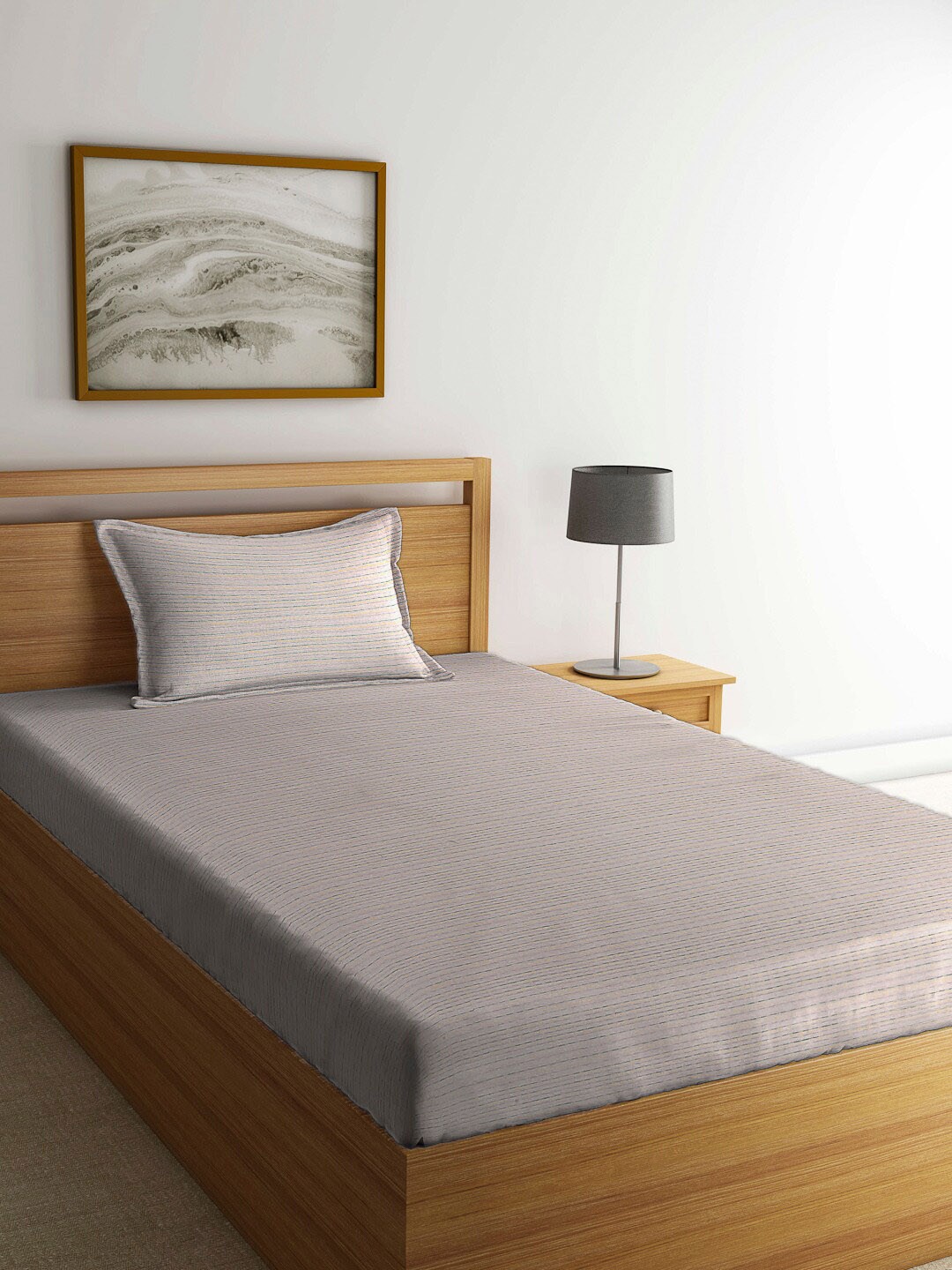 

Arrabi Beige Striped 130 TC King Bedsheet with 1 Pillow Covers