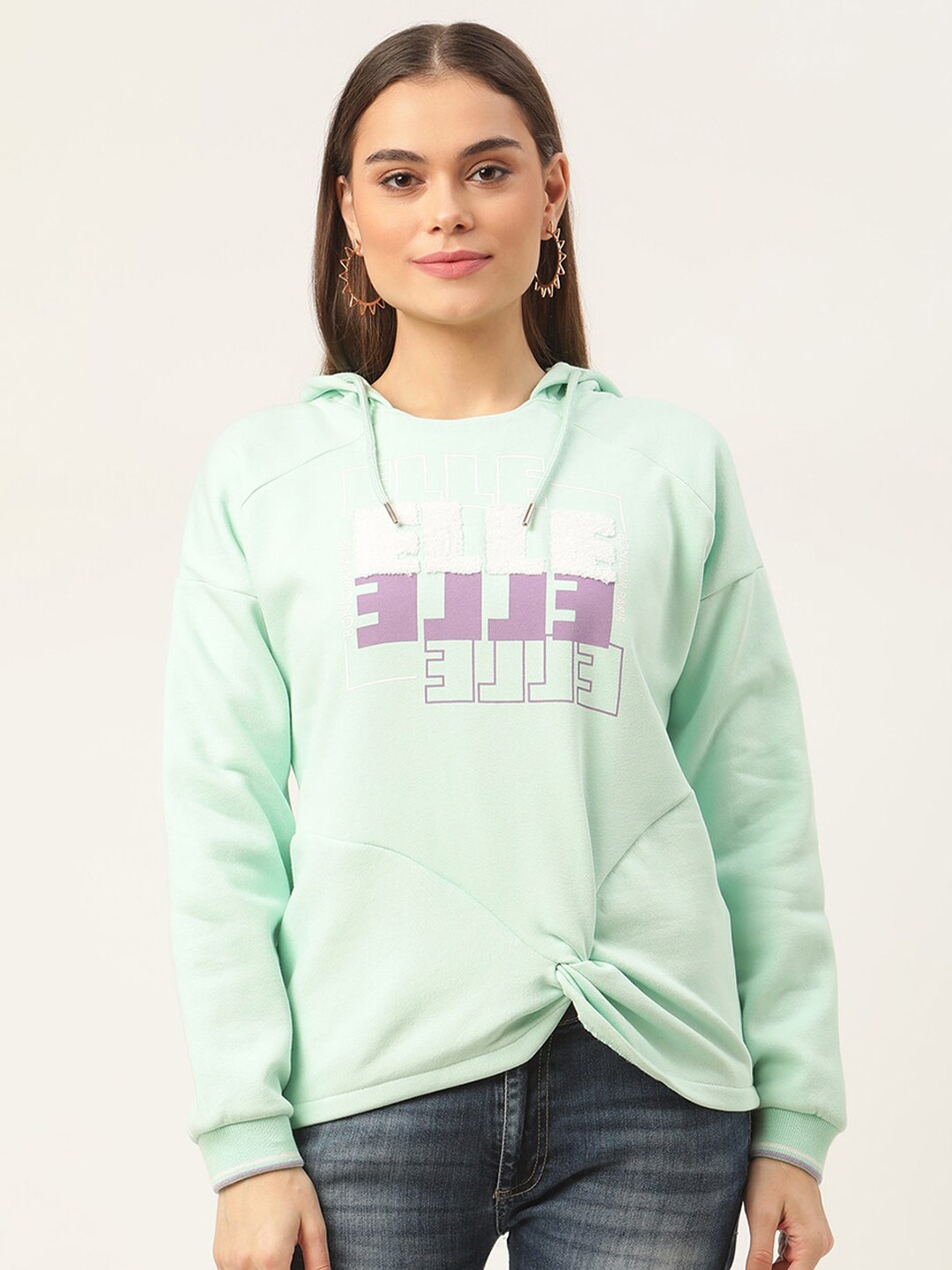 

ELLE Women Green Printed Hooded Sweatshirt