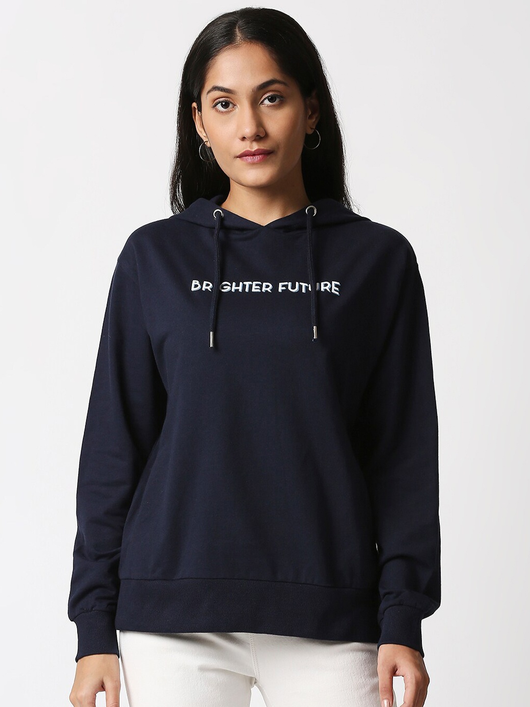

20Dresses Women Navy Blue Printed Hooded Sweatshirt