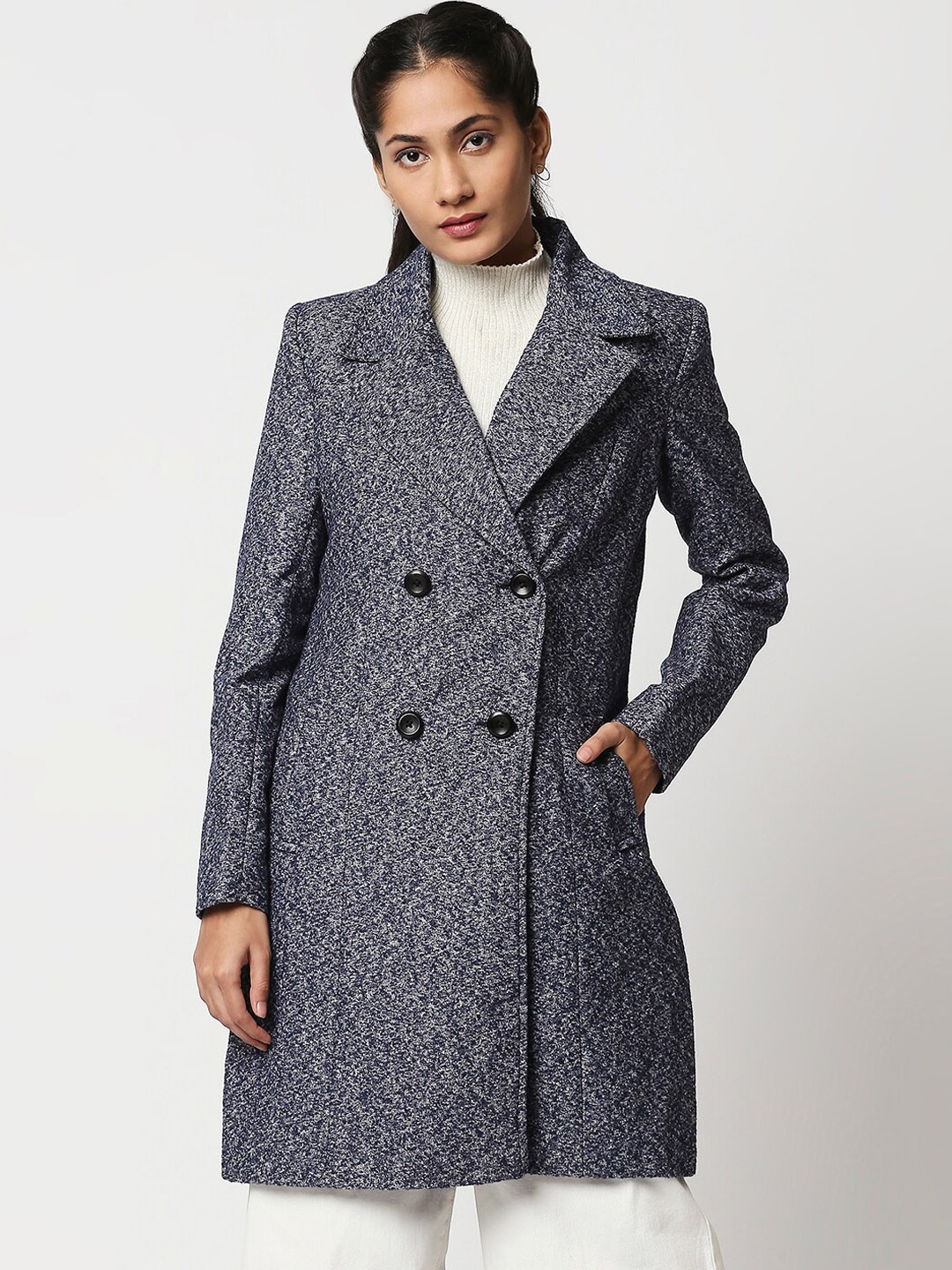 

20Dresses Women Blue Solid Double-Breasted Knee-Length Overcoat