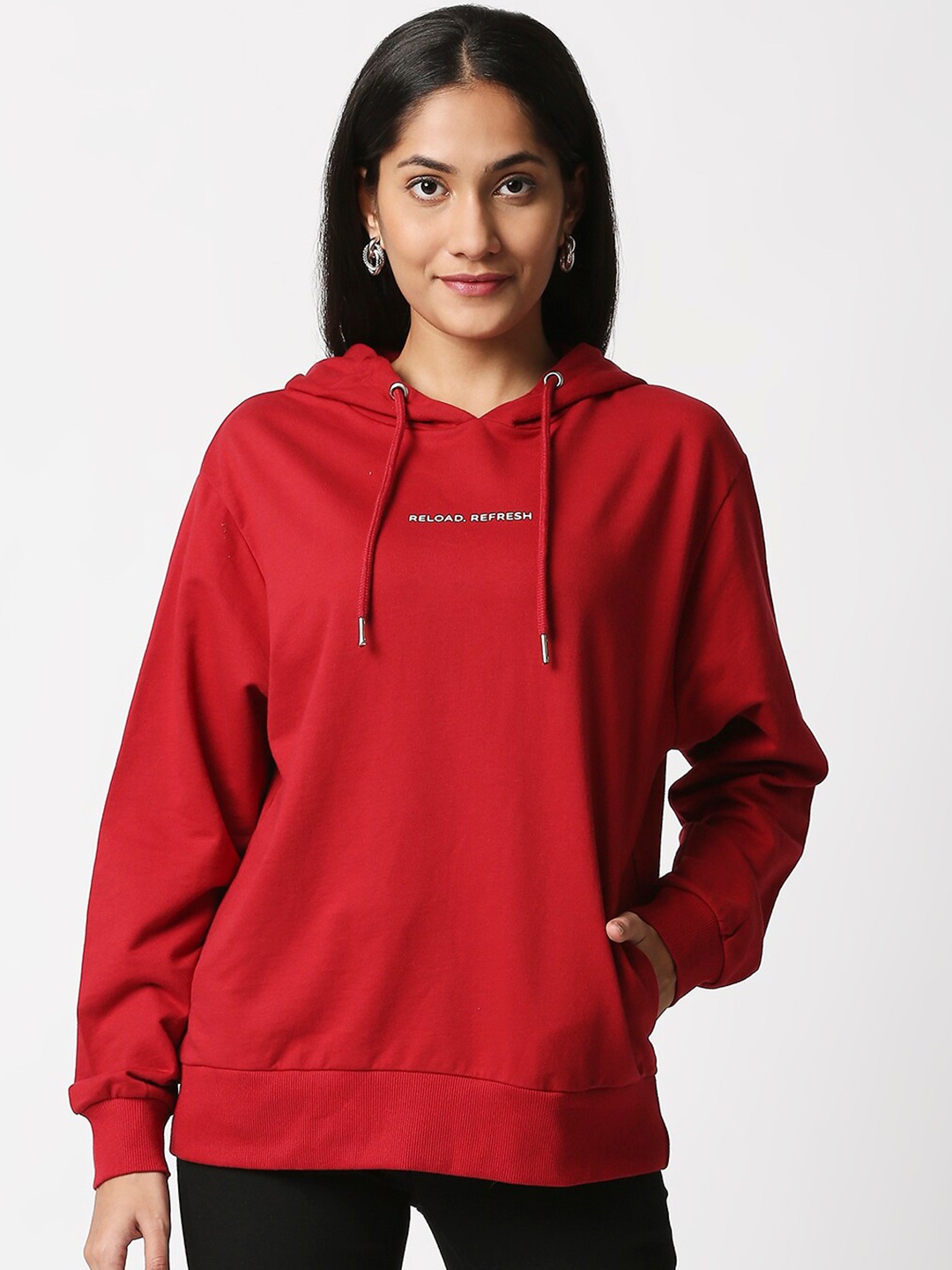 

20Dresses Women Red Printed Hooded Cotton Sweatshirt
