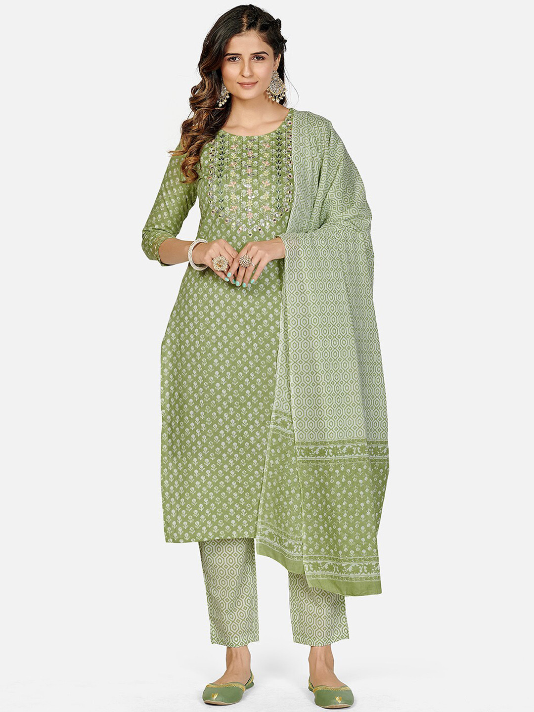 

Vbuyz Women Green Ethnic Motifs Printed Pure Cotton Kurta with Palazzos & With Dupatta
