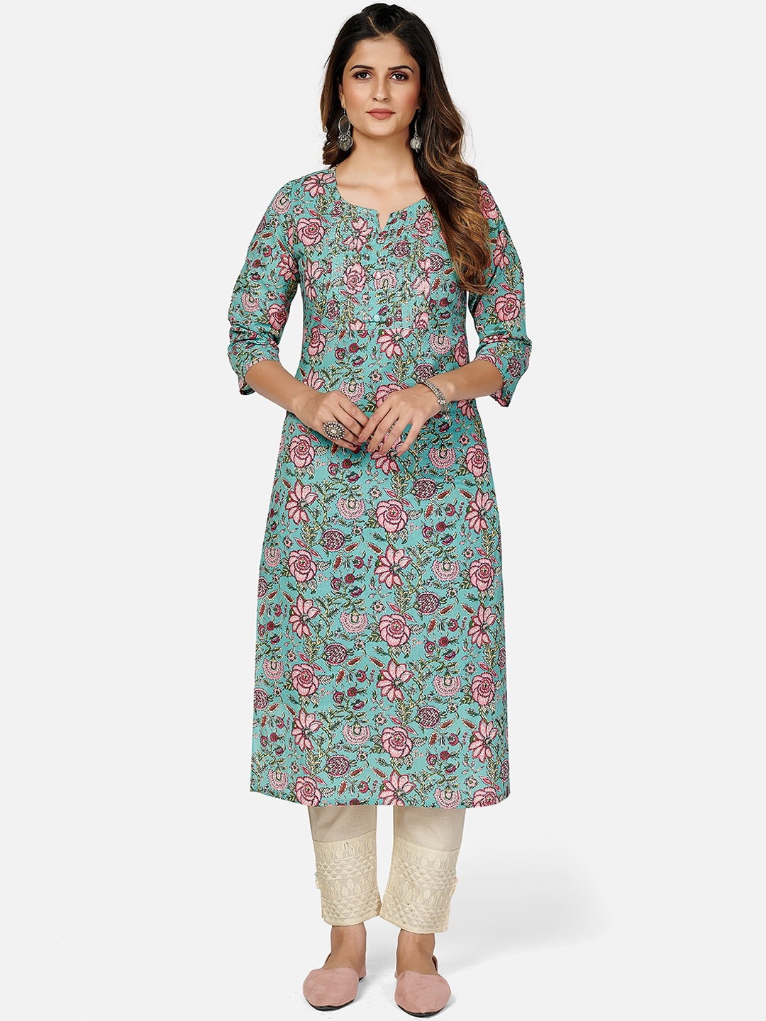 

Vbuyz Women Turquoise Blue Floral Printed Kurta