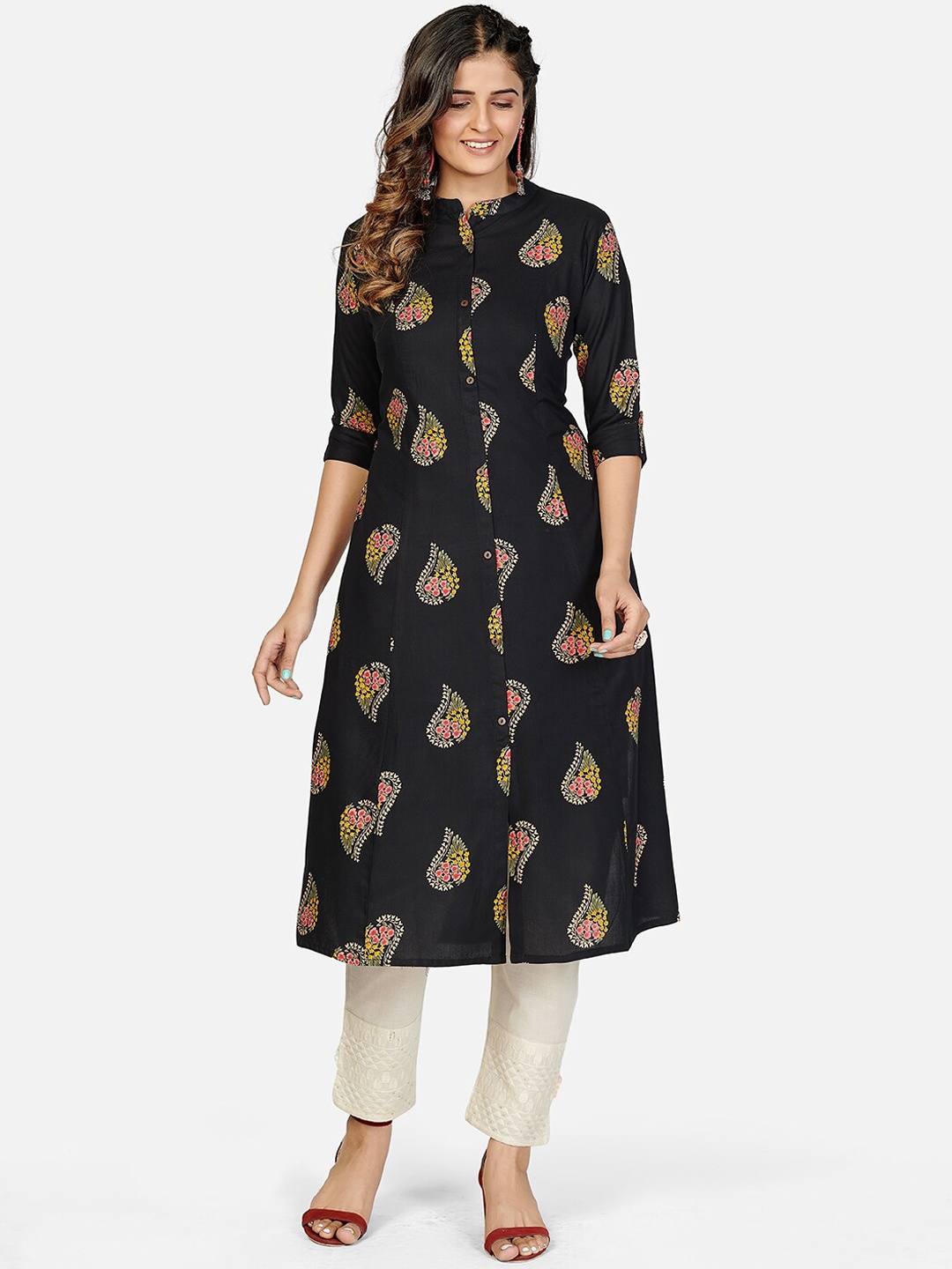 

Vbuyz Women Black Ethnic Motifs Printed Block Print Kurta