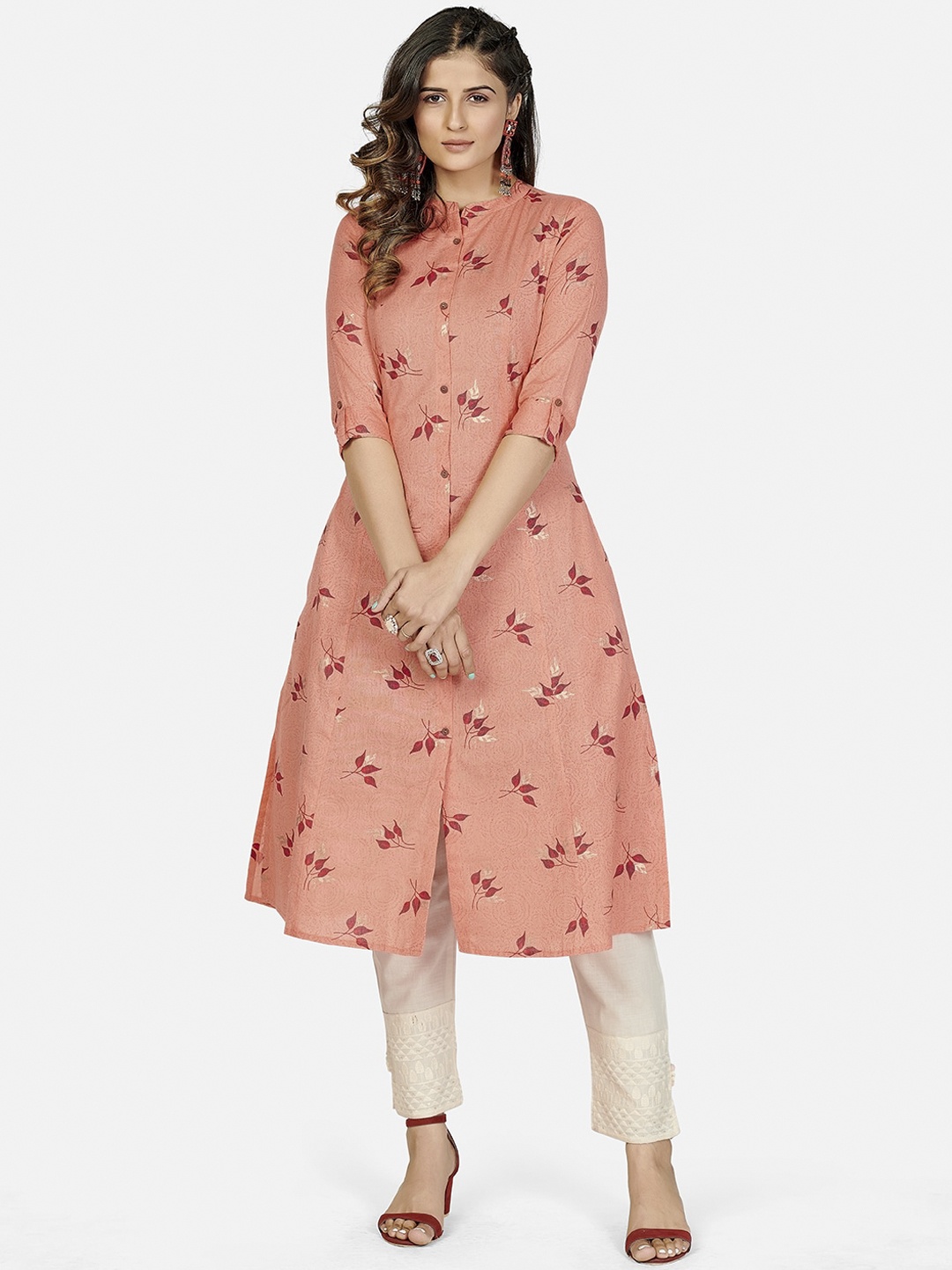 

Vbuyz Women Peach-Coloured & Maroon Floral Printed Kurta