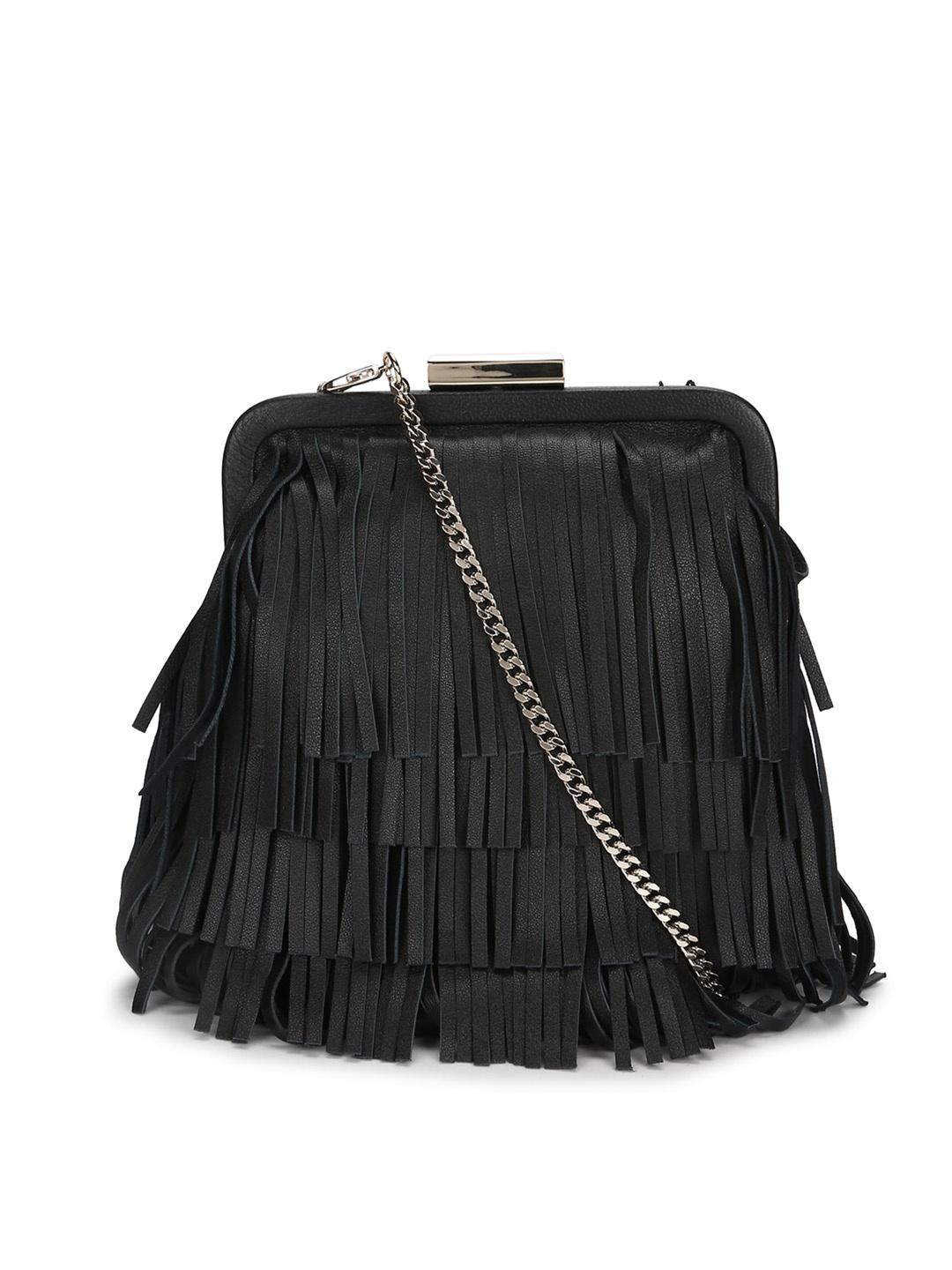 

Ted Baker Black Leather Structured Sling Bag with Fringed