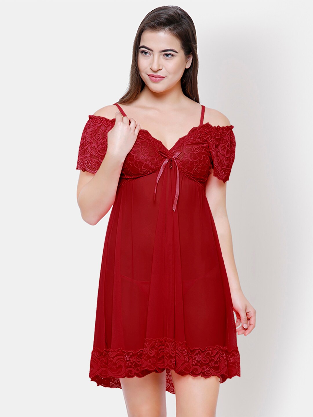 

FashionRack Women Maroon Net Baby Doll Nightwear