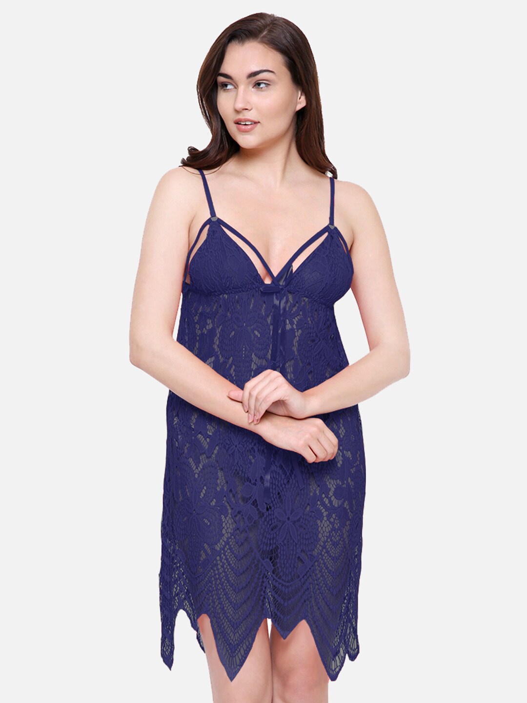 

FashionRack Women Navy Blue Self Design Lace Baby Doll