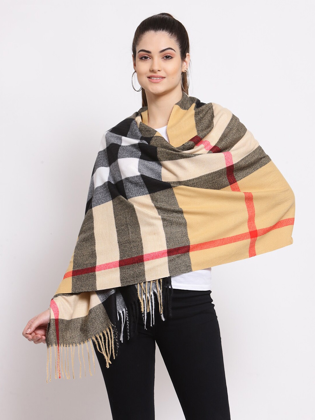 

Calvadoss Women Beige & Black Checked Woolen Muffler