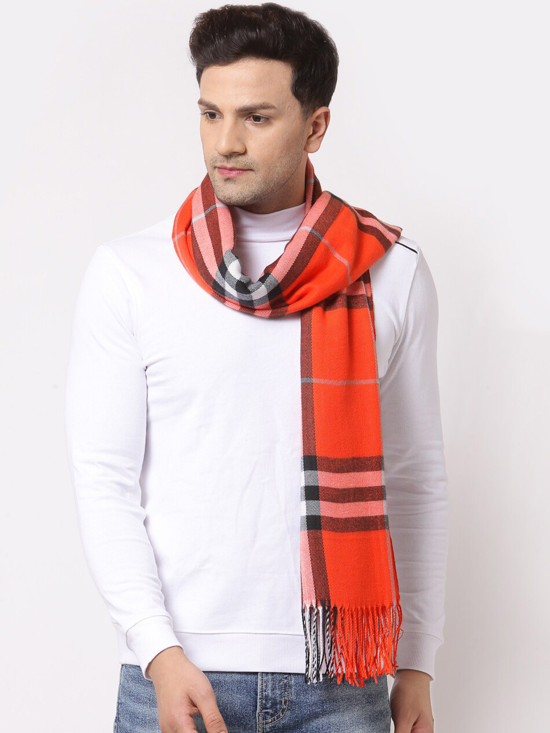 

Calvadoss Men Orange & Black Checked Woolen Muffler