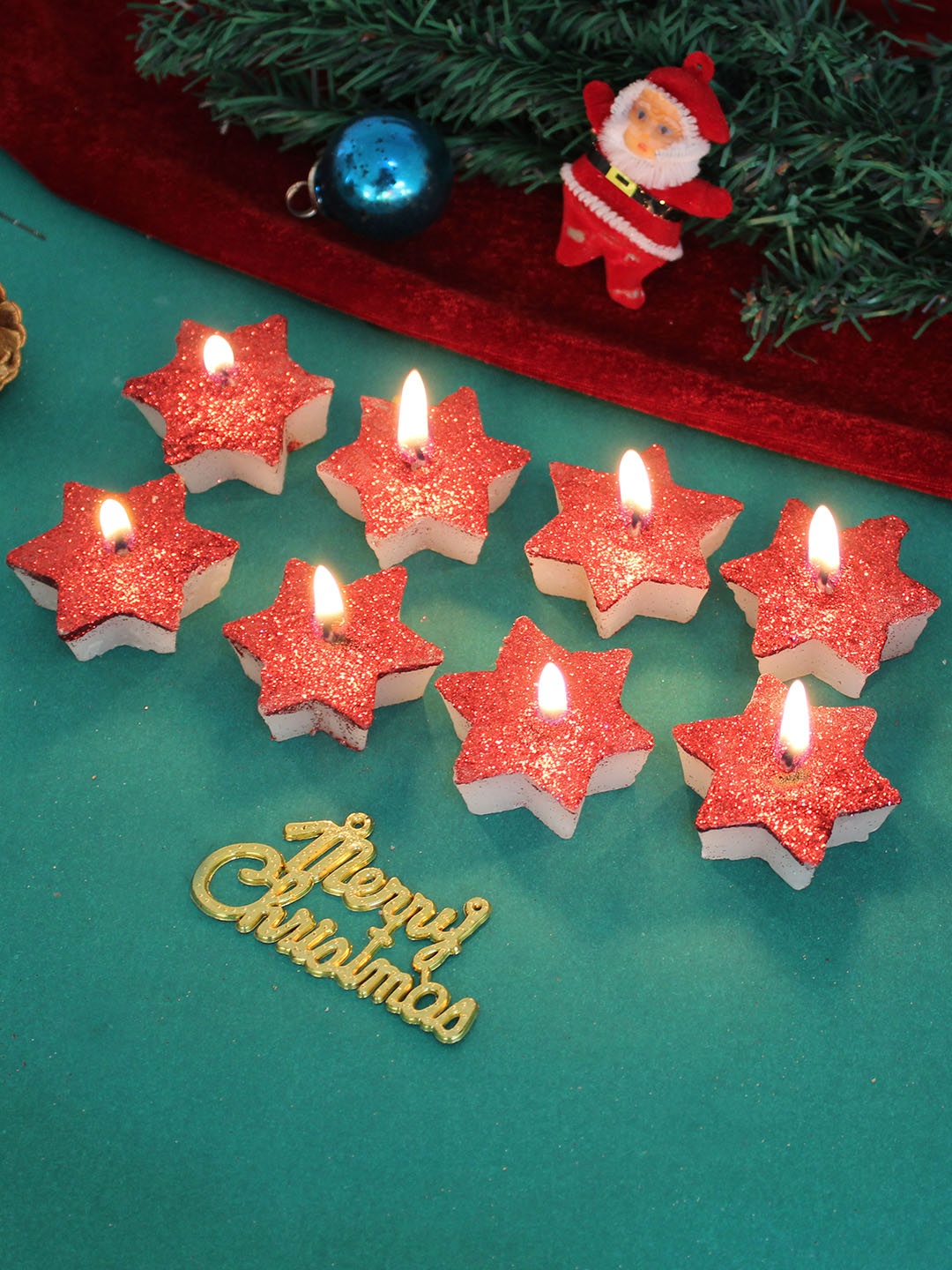 

TIED RIBBONS Set Of 8 Christmas Decoration Wax Candles, Red