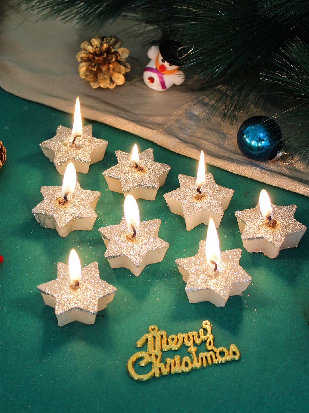 

TIED RIBBONS Set Of 8 Christmas Decoration Star Wax Candles With Glitter, White