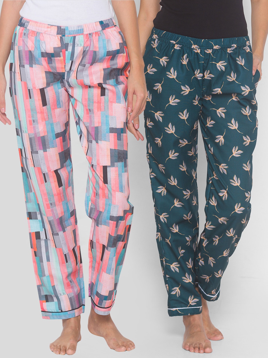

FashionRack Women Pack Of 2 Green & Pink Printed Cotton Lounge Pants
