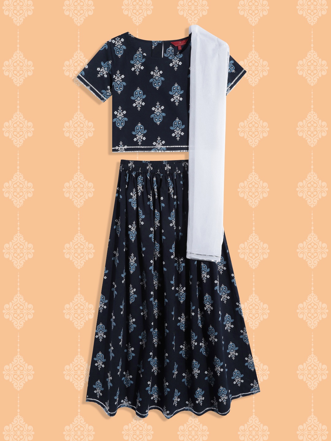 

House of Pataudi Girls Navy Printed Cotton Rozana Ready to Wear Lehenga Choli With Dupatta, Navy blue