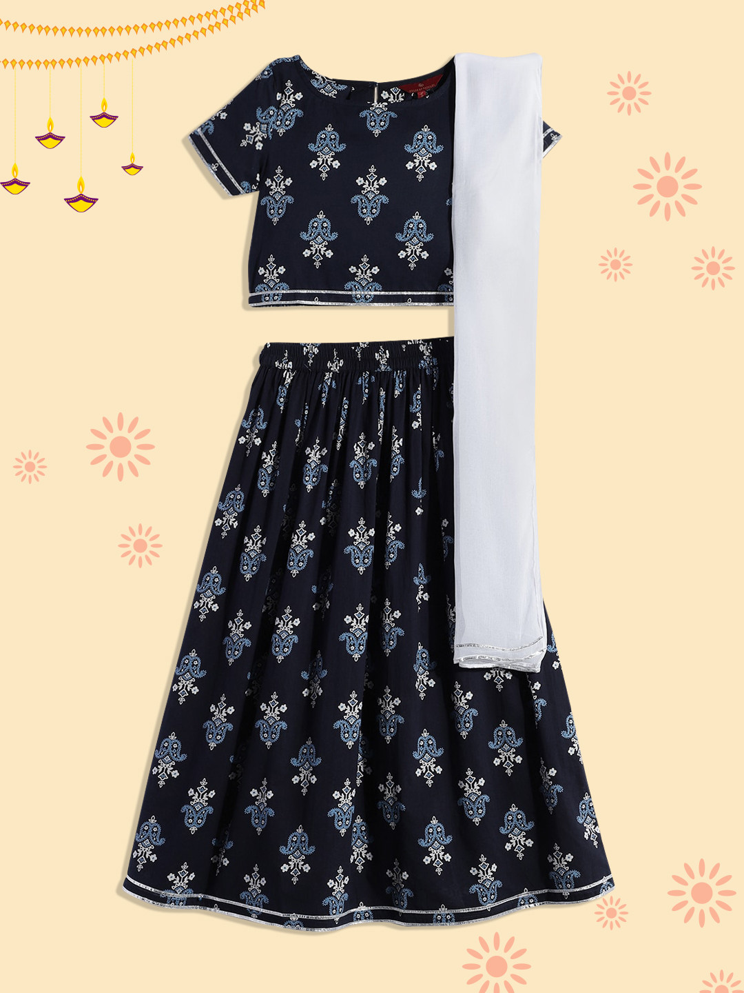 

House of Pataudi Girls Navy Blue Printed Ready to Wear Lehenga & Blouse With Dupatta