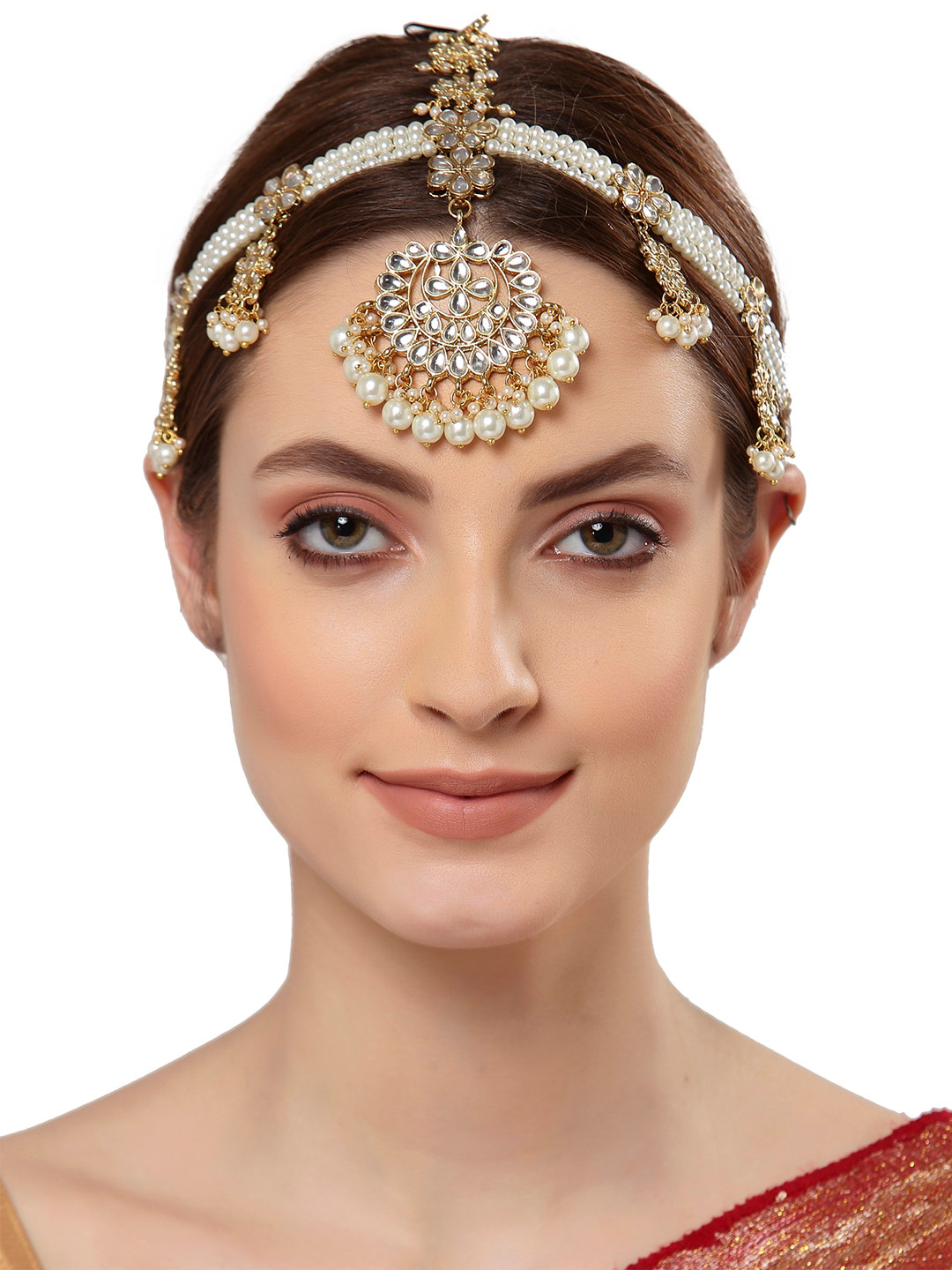 

KARATCART Gold Plated & White Kundan and Pearl Beaded Head Jewellery