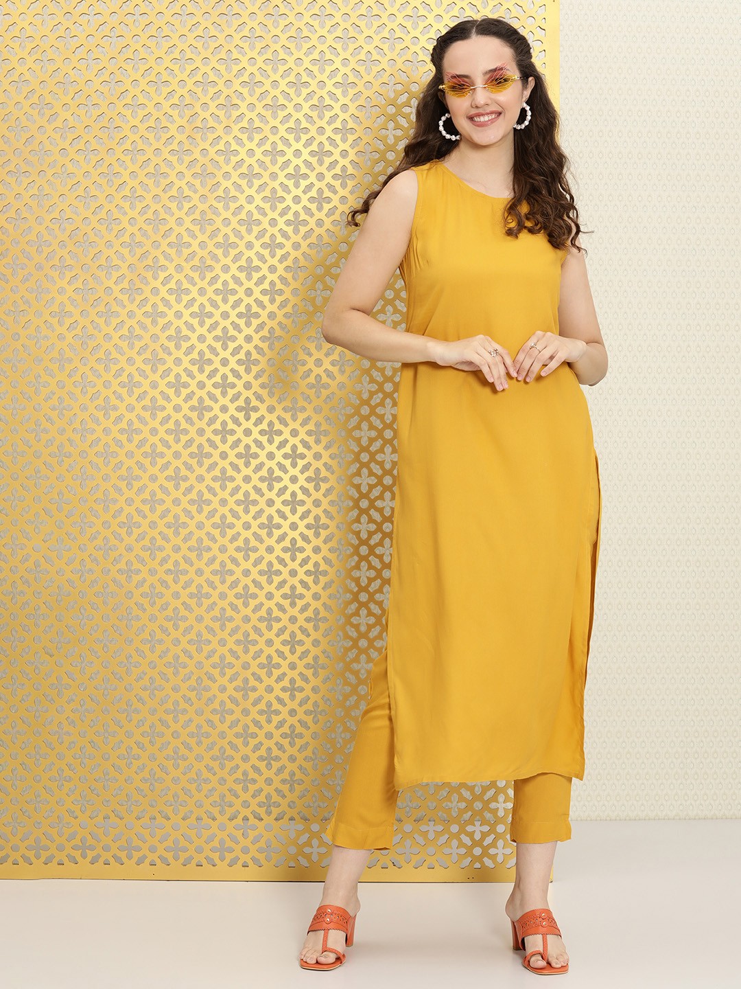 

Ode by House of Pataudi Women Mustard Yellow Solid A-Line Kurta with Trousers