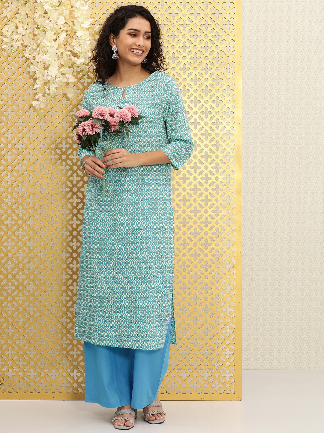 

Ode by House of Pataudi Women Green Ethnic Motifs Printed Pure Cotton Kurta with Palazzos