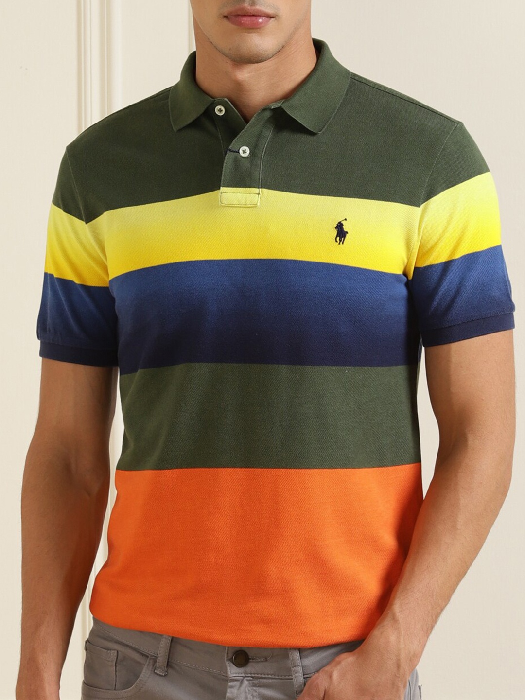 

Polo Ralph Lauren Men Green Striped Polo Collar Applique T-shirt