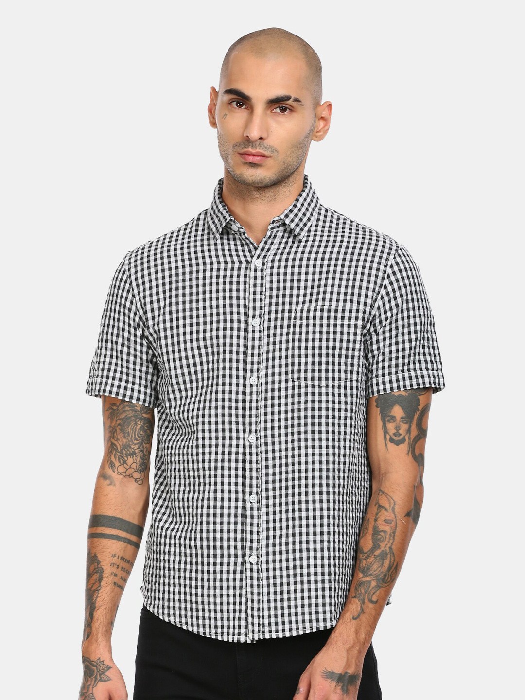 

Ruggers Men Black Gingham Checks Opaque Casual Pure Cotton Shirt