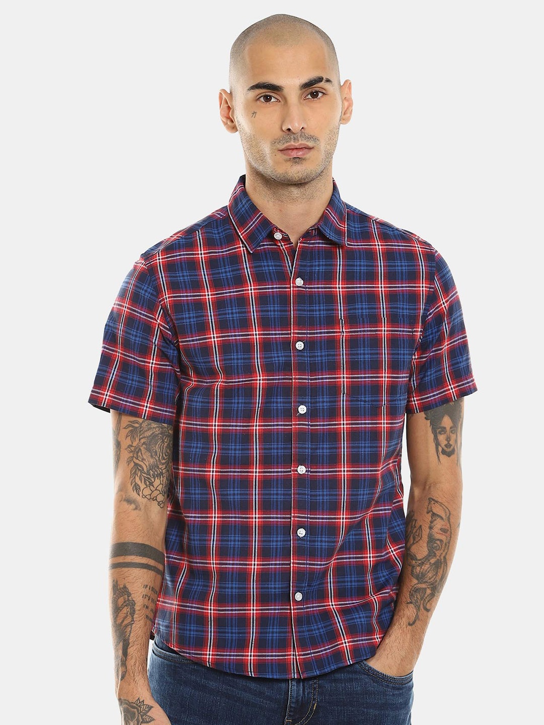

Ruggers Men Blue Tartan Checked Pure Cotton Casual Shirt