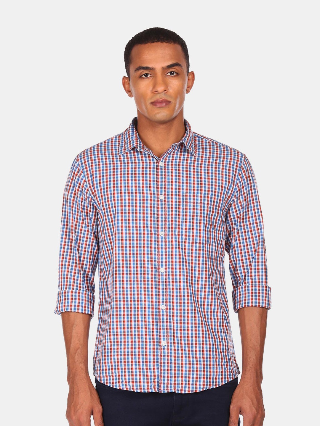 

Ruggers Men Red & Blue Opaque Checked Pure Cotton Casual Shirt