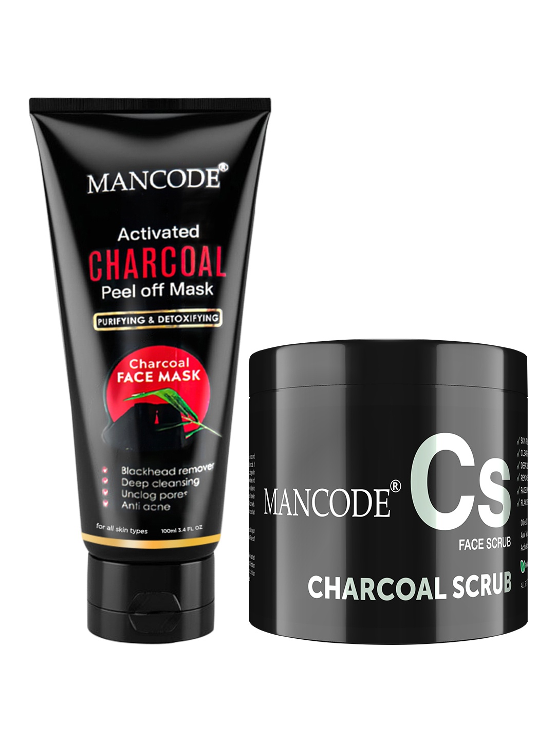 

MANCODE Set Of 2 Charcoal Scrub & Peel Off Mask 200g, Black