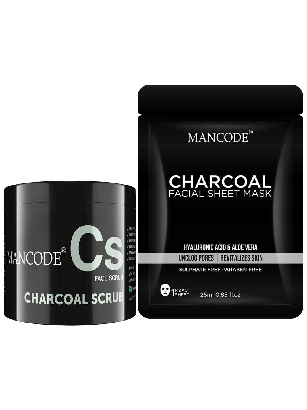 

MANCODE Charcoal Scrub & Charcoal Facial Sheet Mask Combo, Black