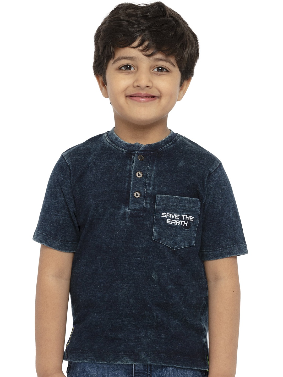 

UNDER FOURTEEN ONLY Boys Navy Blue Mandarin Collar T-shirt