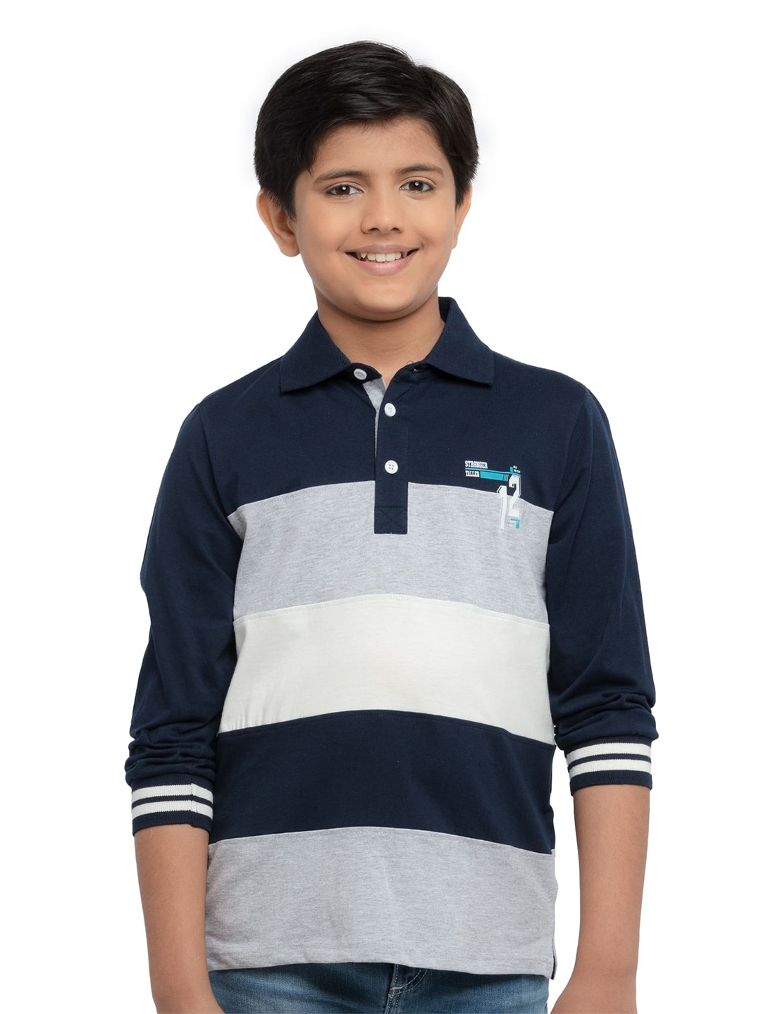 

UNDER FOURTEEN ONLY Boys Navy Blue & Grey Striped Cotton Polo Collar T-shirt