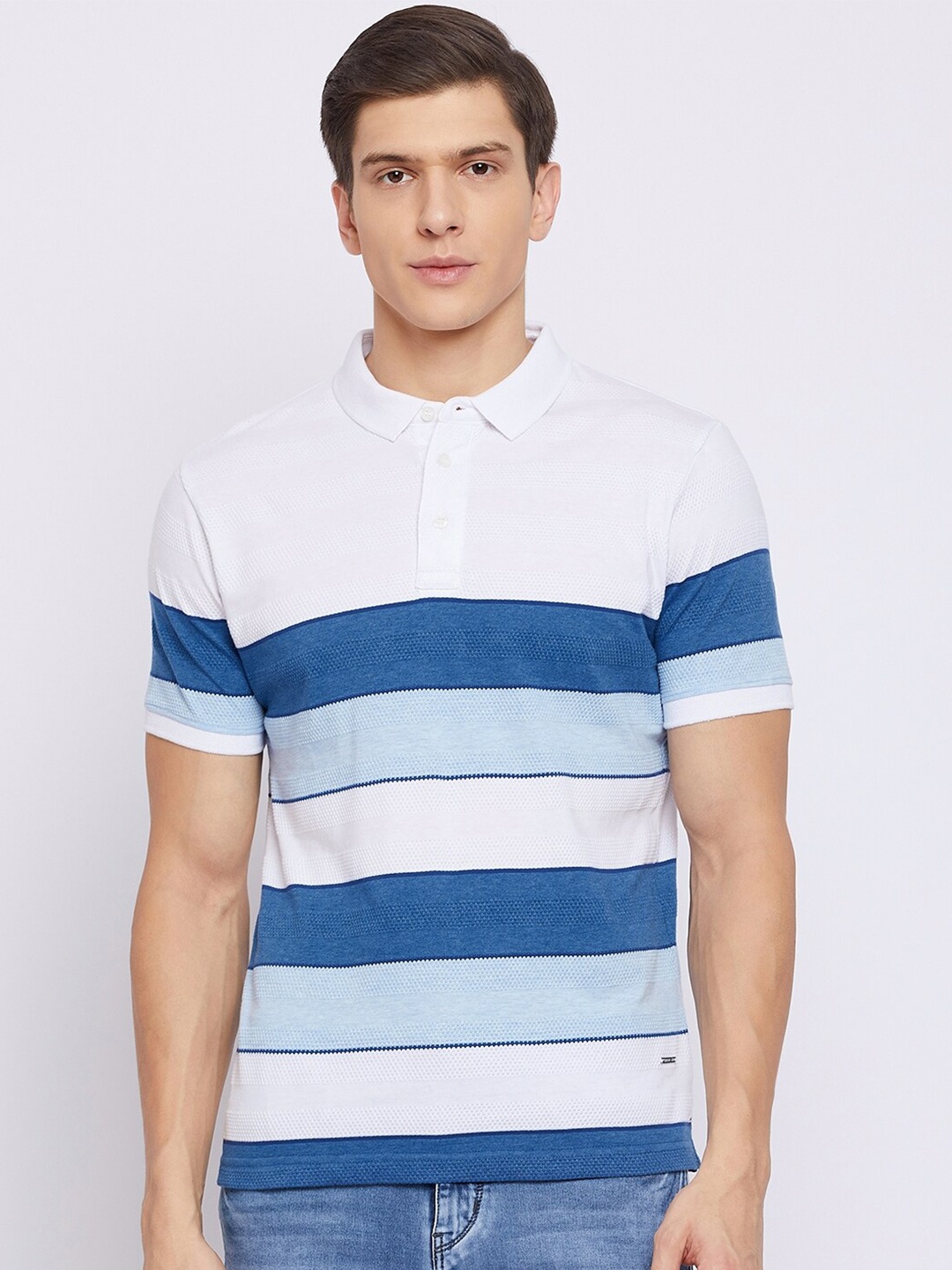 

Crimsoune Club Men White & Blue Striped Polo Collar Slim Fit T-shirt