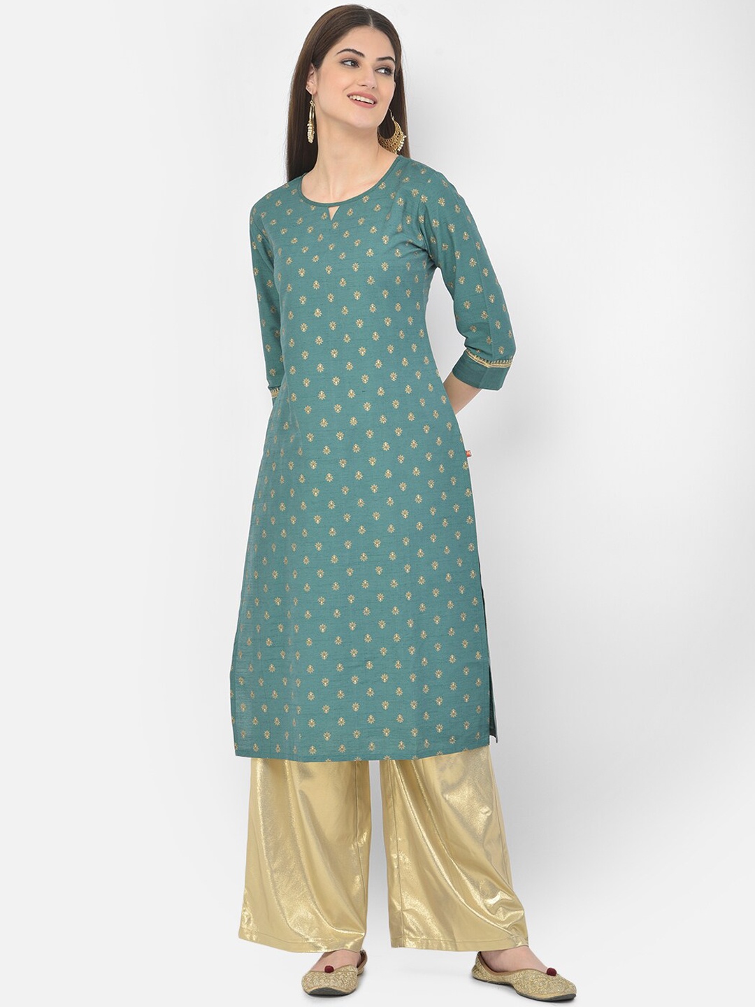 

Span Women Green & Gold-Toned Geometric Printed Keyhole Neck Kurta