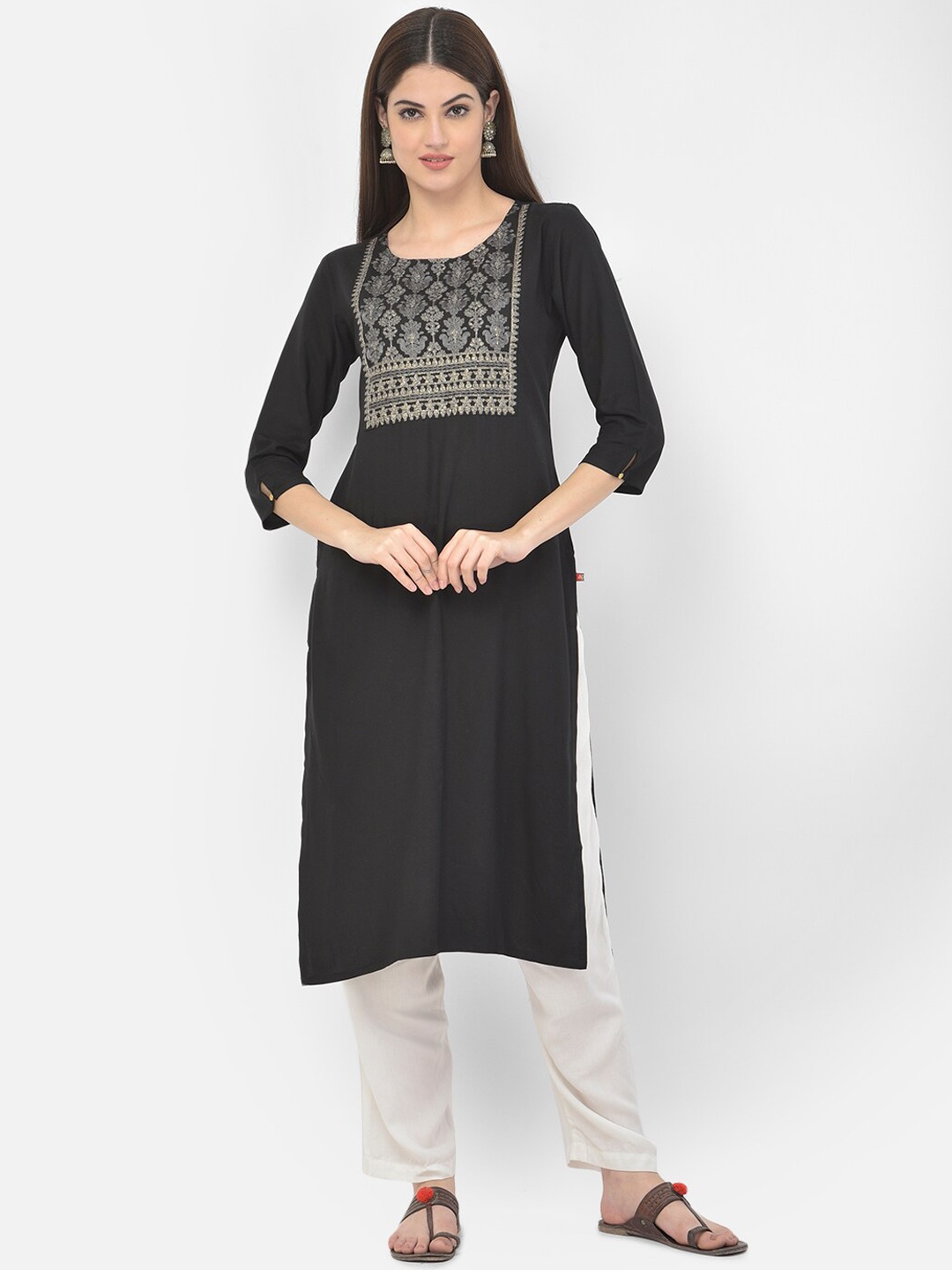 

Span Women Black Ethnic Motifs Yoke Design Cotton Kurta