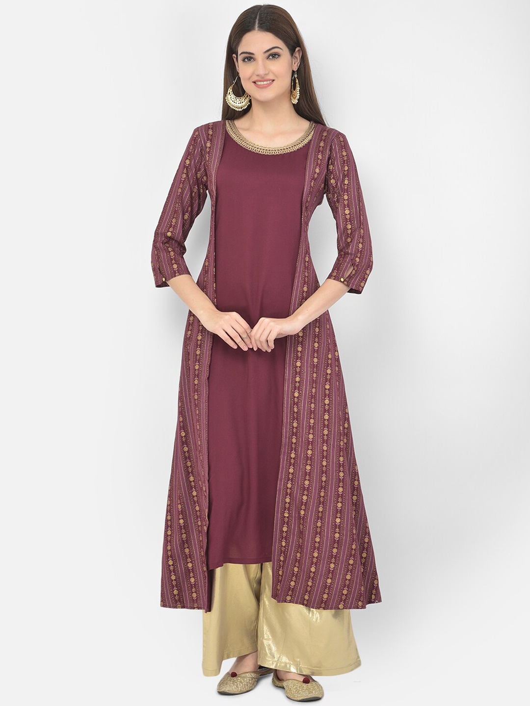 

Span Women Maroon & Gold-Toned Floral Embroidered Kurta