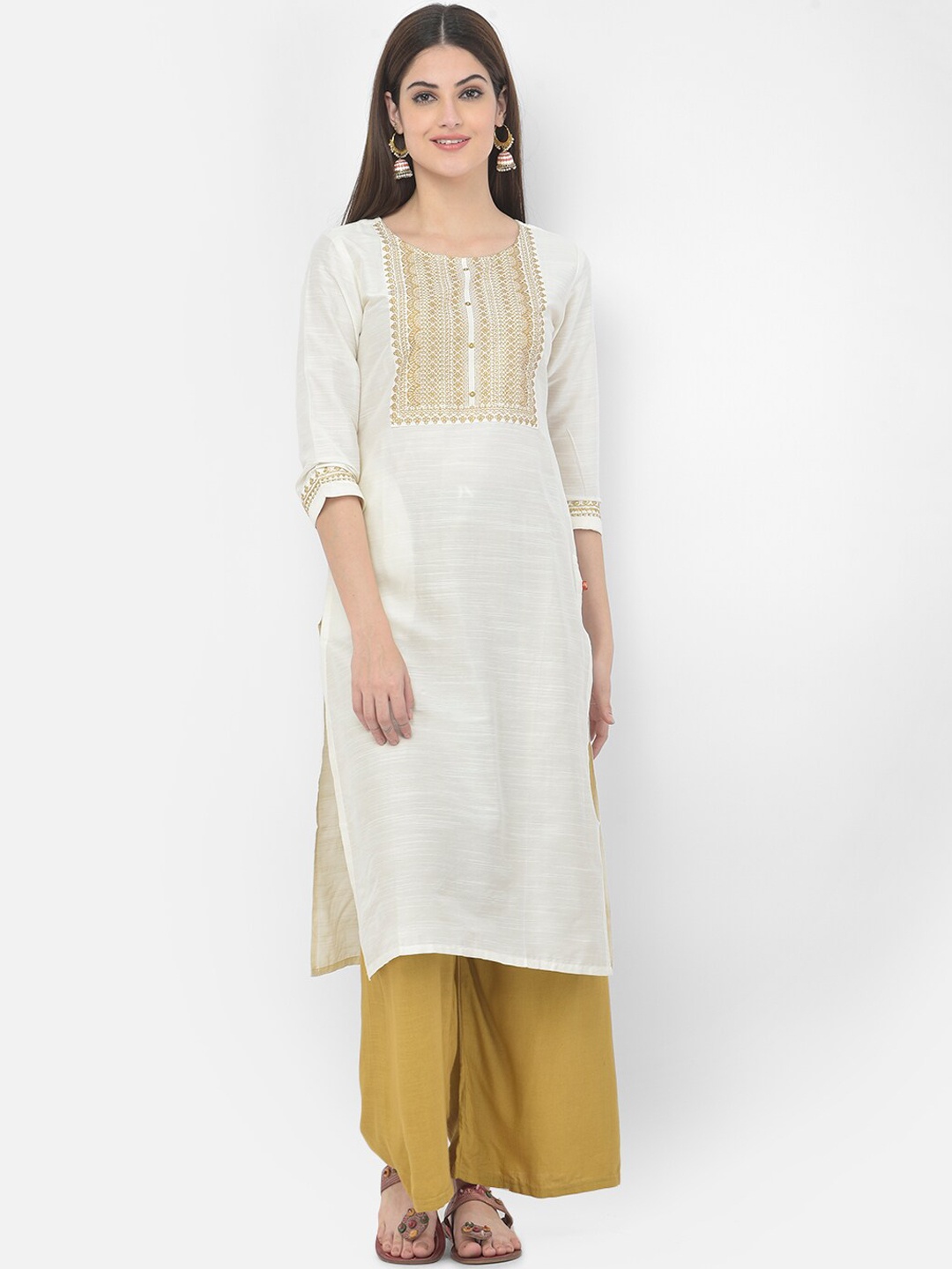 

Span Women White Embroidered Straight Kurta