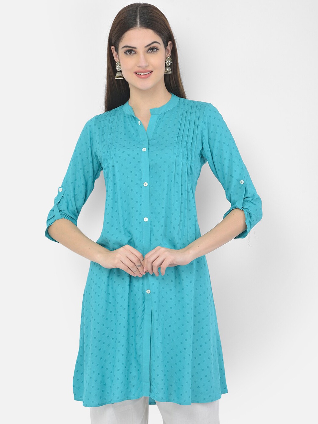 

Span Women Turquoise Blue Thread Work Printed A-Line Kurta