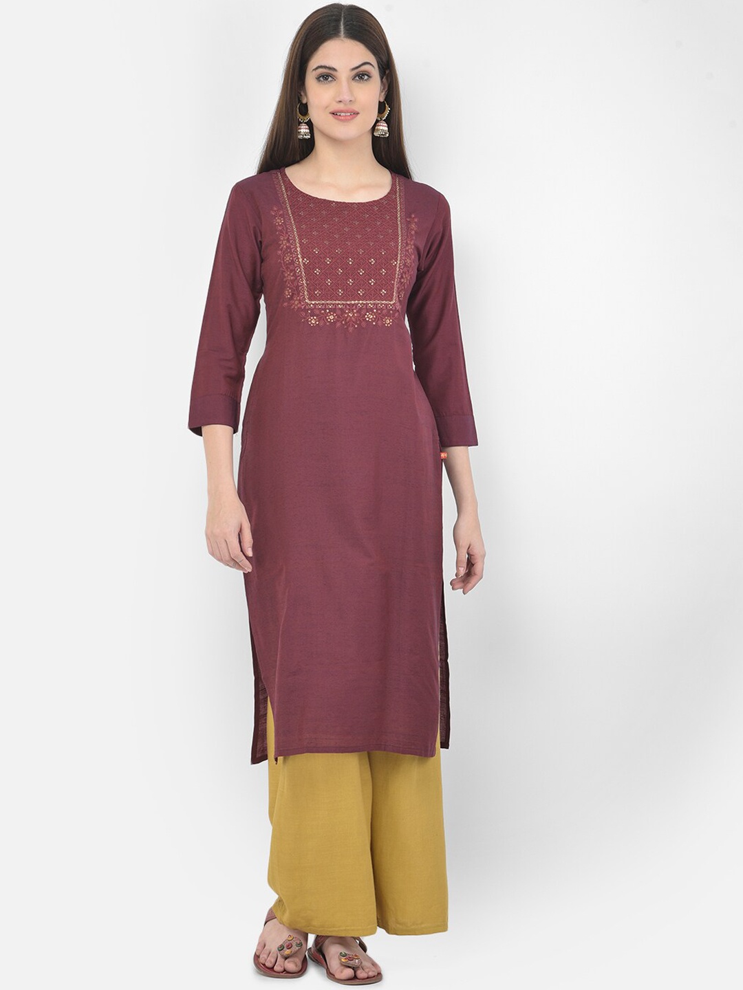 

Span Women Maroon Ethnic Motifs Embroidered Kurta