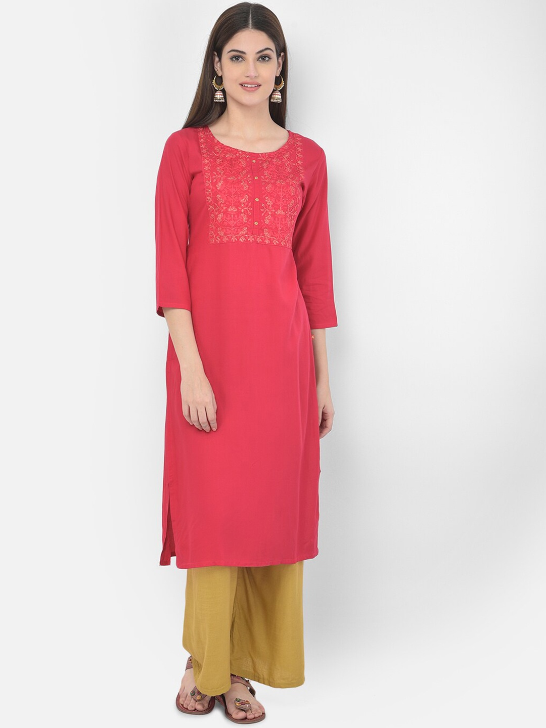 Span Women Pink Embroidered Straight Kurta