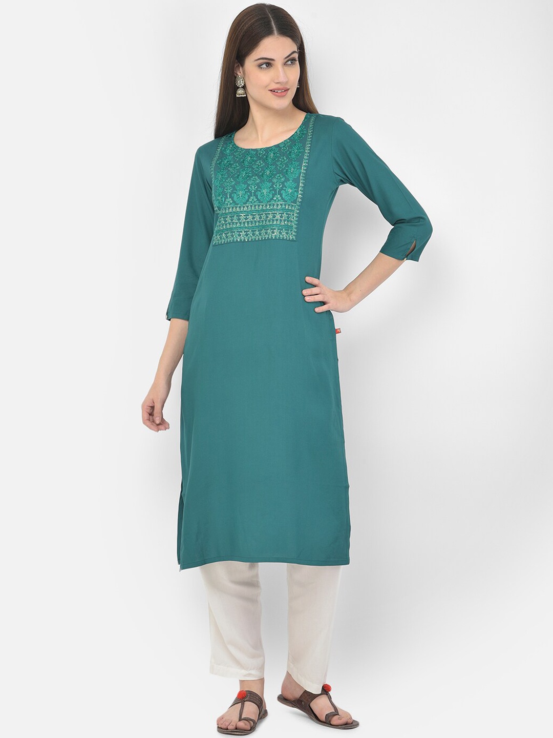 

Span Women Green Ethnic Motifs Embroidered Cotton Kurta
