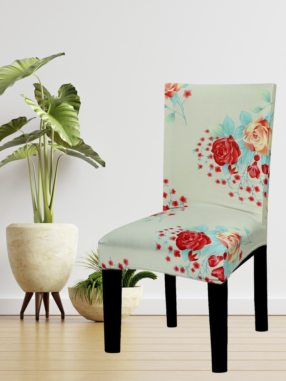 

HOUSE OF QUIRK Set Of 6 Cream-Coloured & Red Floral Printed Non-Slip Removable Chair Covers