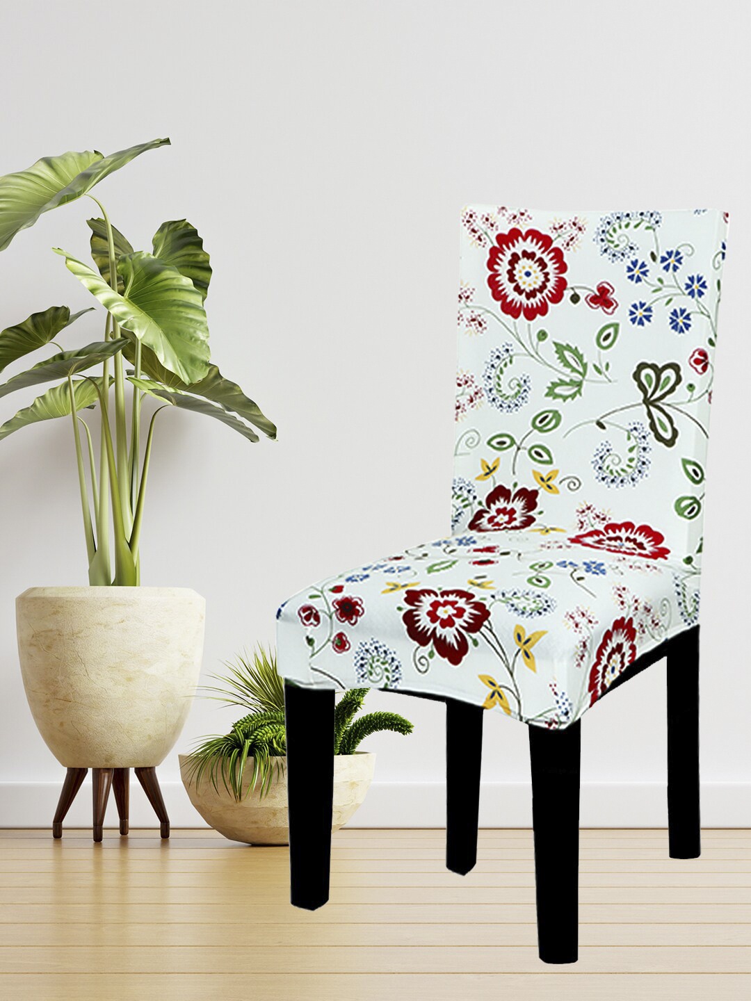 

HOUSE OF QUIRK White & Red Floral Printed Non-Slip Removable Chair Covers