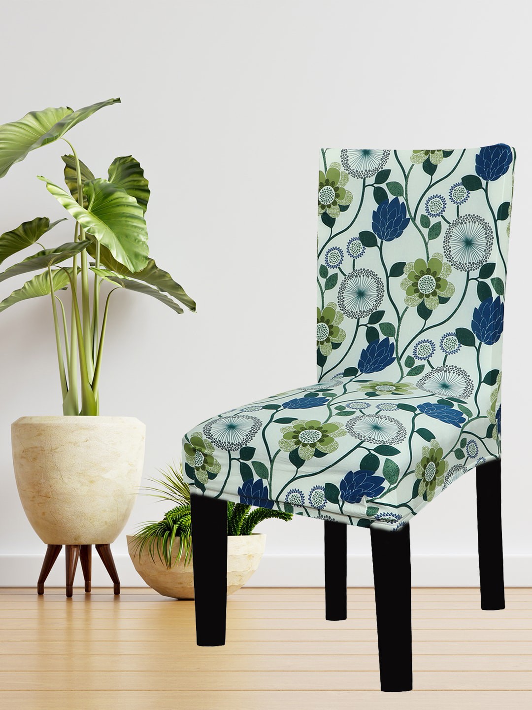

HOUSE OF QUIRK Green & Blue Floral Printed Chair Cover, White