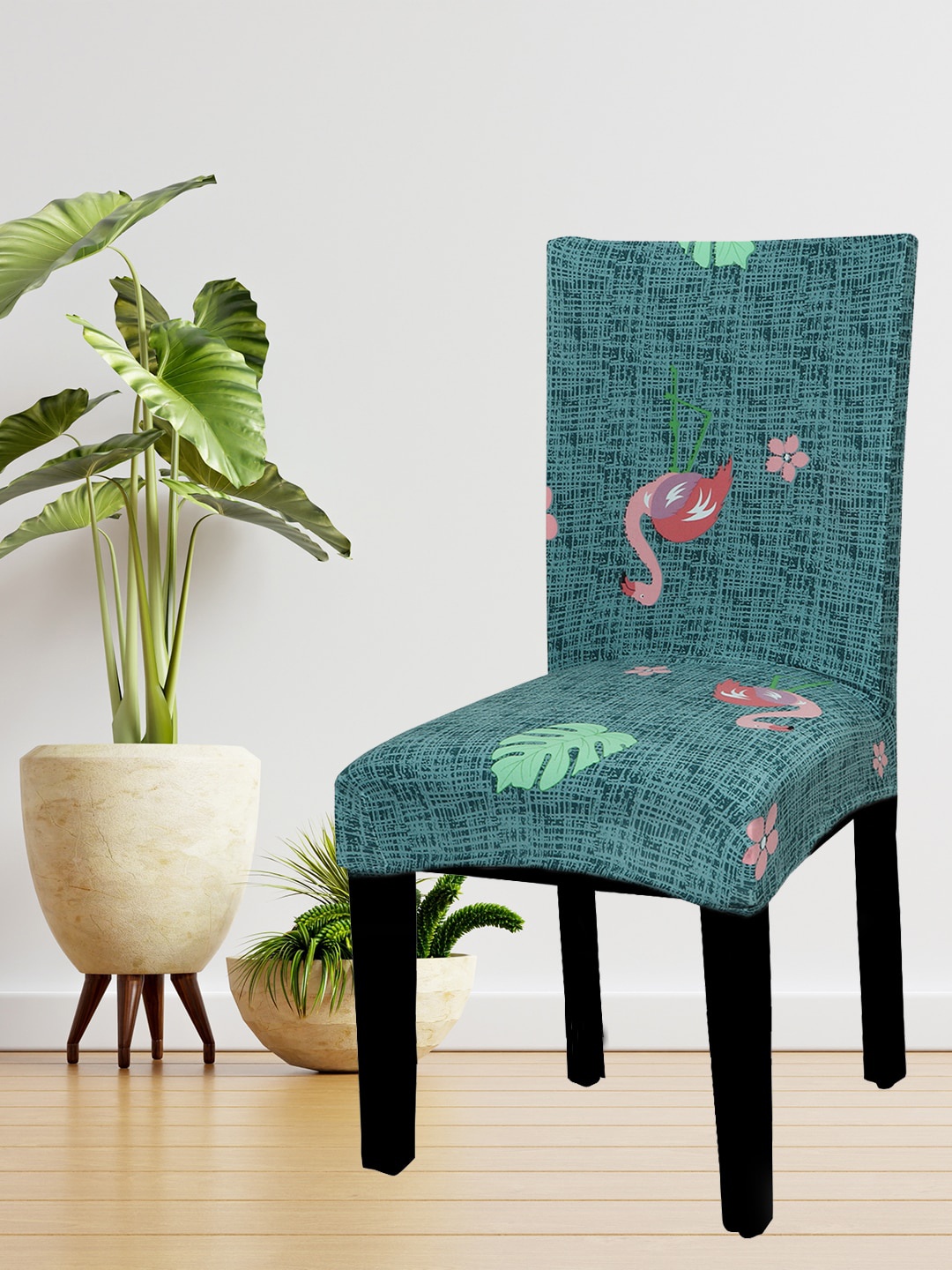 

HOUSE OF QUIRK Set Of 4 Green & Pink Flamingo Printed Chair Covers