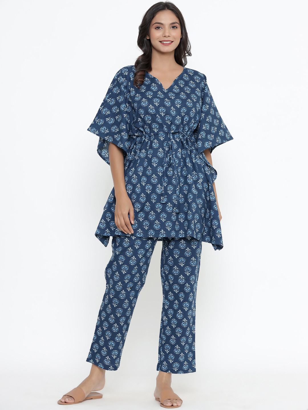 

JISORA Women Blue & White Printed Night suit