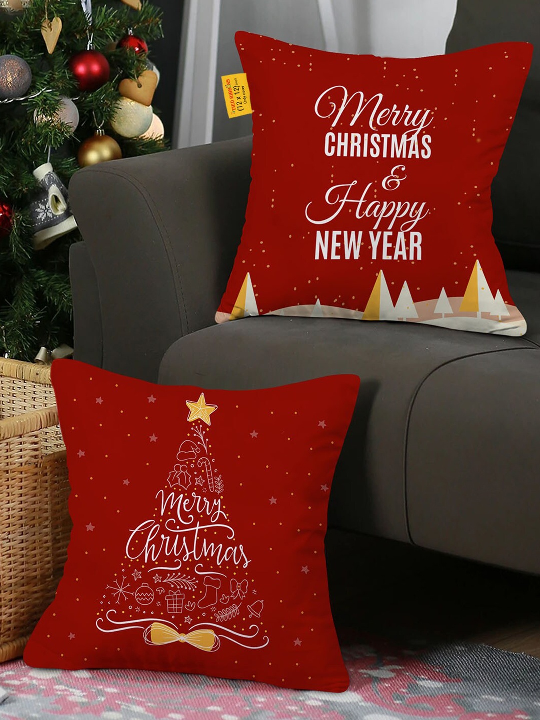 

TIED RIBBONS Maroon & White Set of 2 Christmas Theme Printed Rectangle Cushion Covers