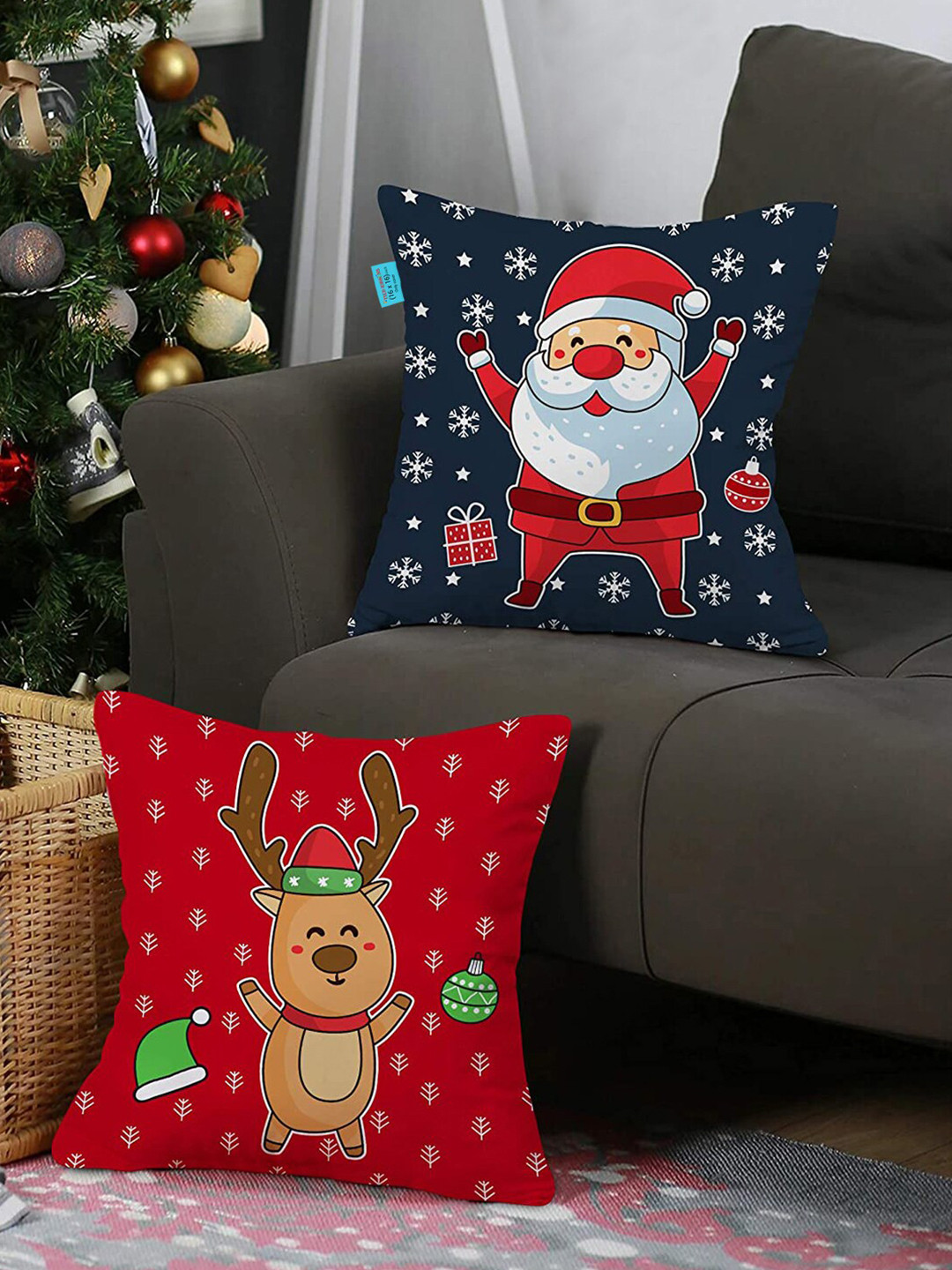 

TIED RIBBONS Multicoloured Set of 2 Christmas Decoration Printed Square Cushion Covers, Multi