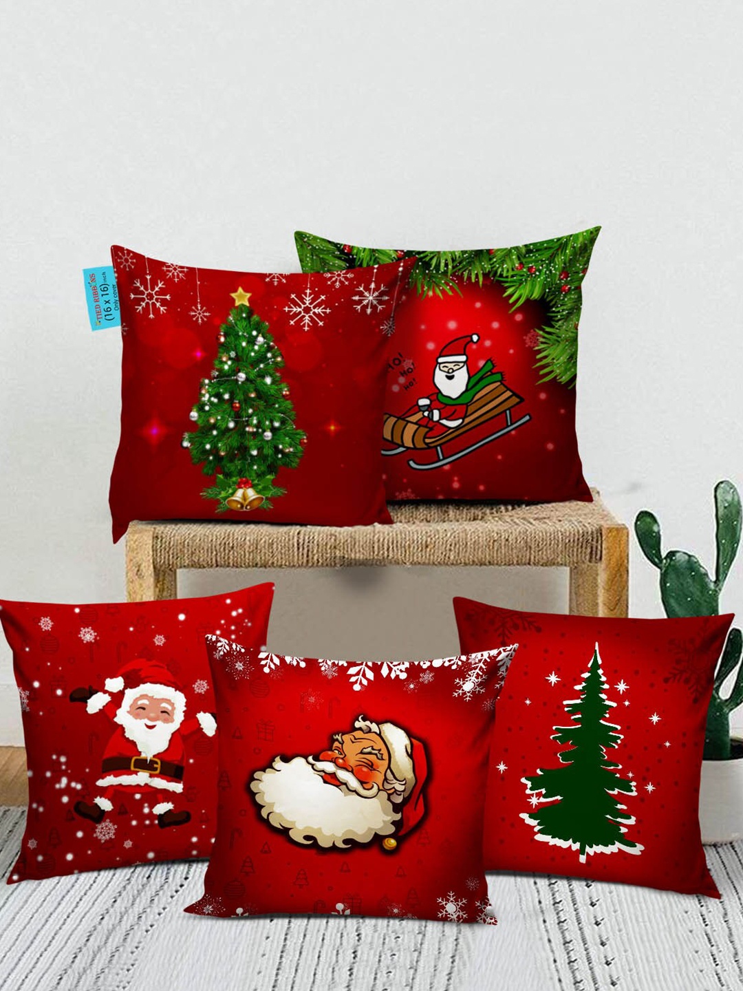 

TIED RIBBONS Multicoloured Set of 5 Christmas Theme Printed Square Cushion Covers, Multi